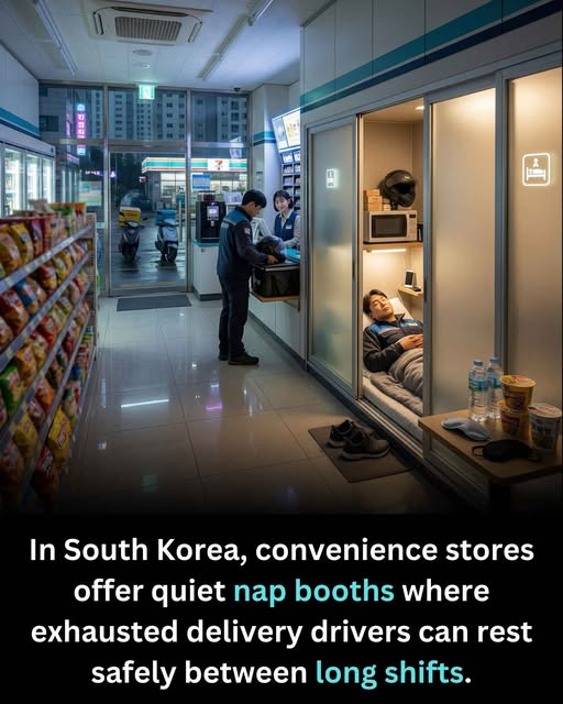 7DayStartups's tweet photo. Select convenience stores across the country have introduced nap booths designed specifically for overworked delivery drivers. These compact spaces offer a reclining seat, dim lighting, and just enough peace for a short recharge between long, demanding shifts. Real compassionate! https://t.co/wZ3WaE98u8