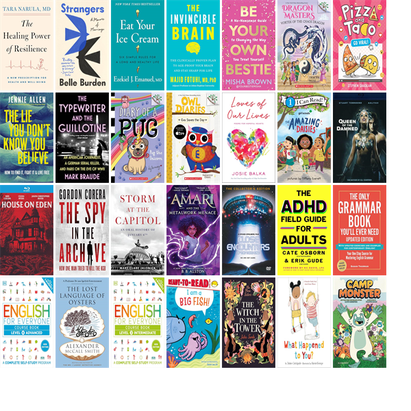 FramPub's tweet photo. This week the Framingham Public Library has 128 new books and six new movies.  New items include The Healing Power of Resilience, Strangers, Eat Your Ice Cream, The Invincible Brain, Be Your Own Bestie, Vortex of the Chaos Dragon, and Pizza and Taco 10. https://t.co/6TeyaidYRj https://t.co/TsC6v7WRtD