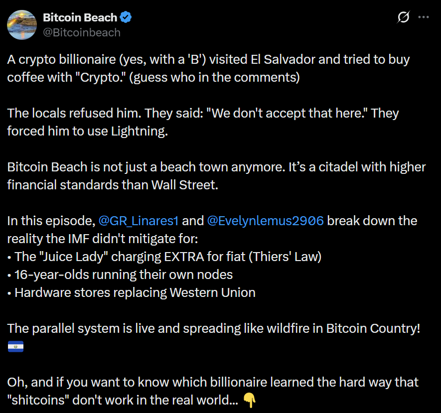 Crypto billionaire tries to pay for coffee with altcoins in Bitcoin Beach, El Salvador locals shut it down.

"We only take Lightning here"