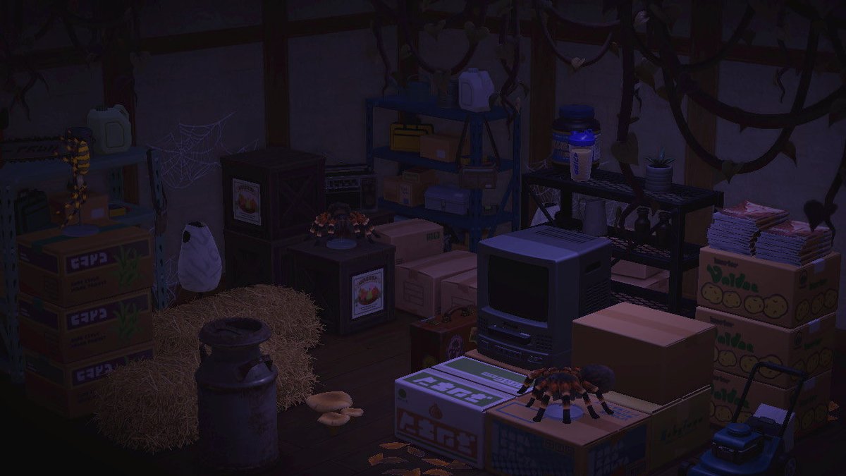 ShayuAC's tweet photo. been back on animal crossing and working on some interiors, here’s the living room and attic of the abandoned farmhouse. the scarecrows are supposed to be streaming into the bedroom but i haven’t built it yet :p https://t.co/paG7iAAgQh