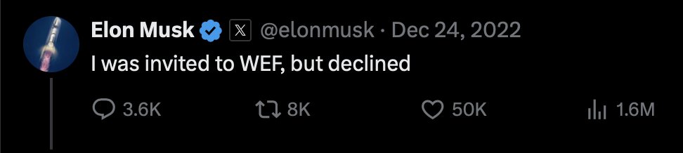 Remember when Elon said he declined a WEF invitation and everyone cheered?

Saying "Elon is an anti globalist... Elon is on our side"

Now he's speaking in Davos... People need to wake up!