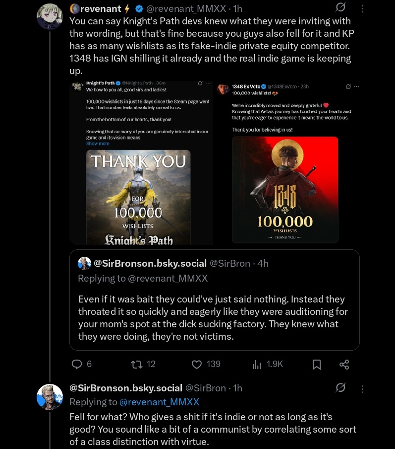 revenant_MMXX's tweet image. In this case he definitely is just lying because he expects me to believe he's against communism while advertising his bluesky account. Cynical attempt at emotional manipulation and pretending not to understand why a big company would cynically market itself as "small &amp;amp; indie"
