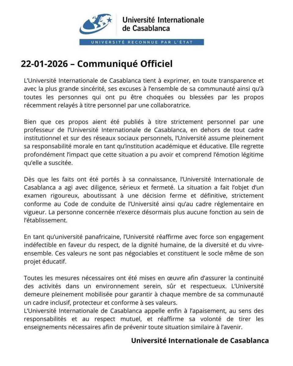🇲🇦 La professeure 🧑‍🏫 RACISTE a été virée … 

Un professeur quand même … Un métier où il est censé avoir des gens un minimum émancipé d’une certaine bassesse intellectuelle. 

À part si la négrophobie est culturelle chez certains.