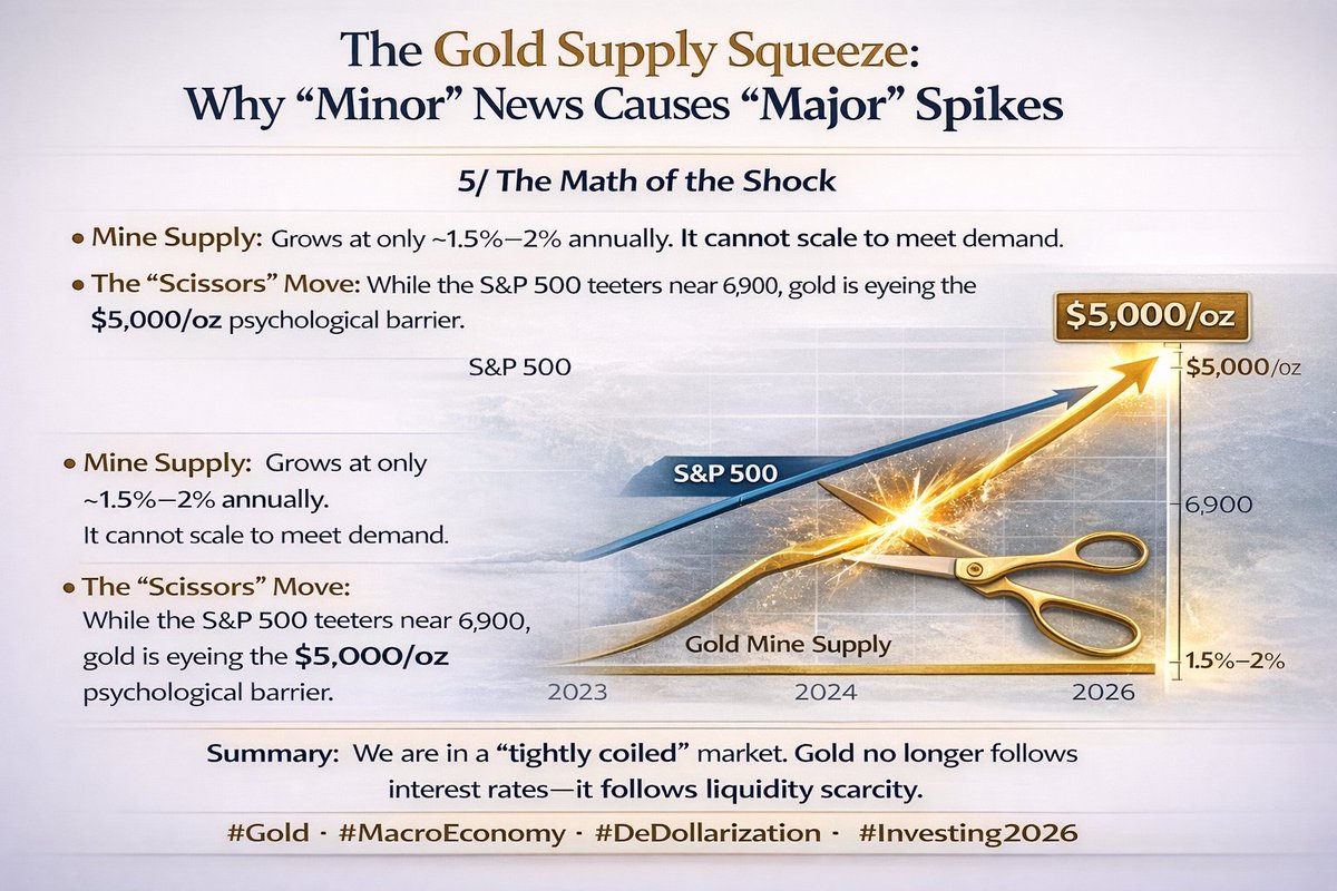 5. The Math of the Shock Mine Supply: Grows at only ~1.5%–2% annually. It  cannot scale to meet demand. The 