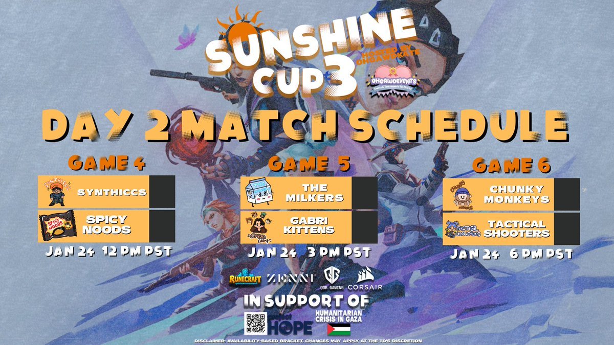 ☀️Day 2 of Sunshine Cup 3 Schedule!☀️ 

💛Watch live: twitch.tv/ohgawdkate
✨Game 1 - Synthiccs vs Spicy Noods (12pm pst) 
✨Game 2 - The Milkers vs Gabri Kittens (3pm pst) 
✨Game 3 - Chunky Monkeys vs Tactical Shooters (6pm pst)

🌟Tournament Dates: January 23-25 &amp; January