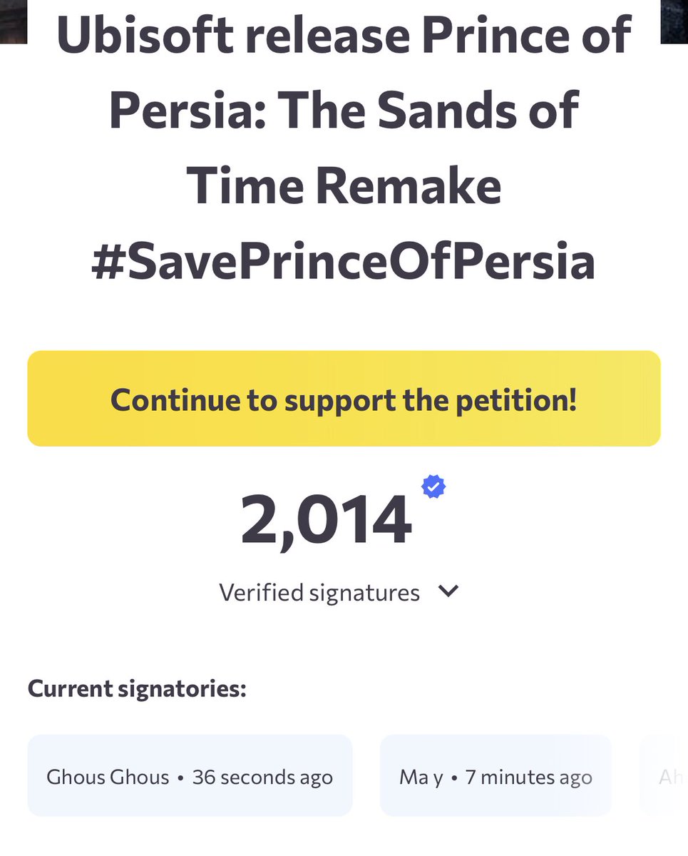 popuniversee's tweet image. Ubisoft, it’s time to reconsider! The Prince of Persia community wants the Sands of Time Remake back! #SavePrinceofPersia

More than 2,000 signatures!🔥💙 
#PrinceofPersia #TheSandsofTime #PrinceofPersiaRemake @Ubisoft @princeofpersia @jmechner @UbisoftSupport