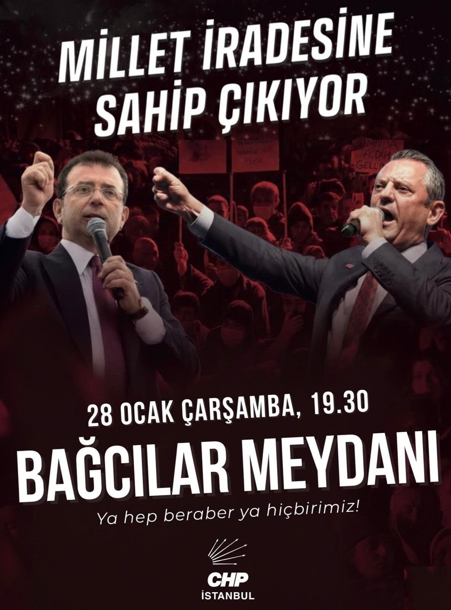 Genel Başkanımız Özgür Özel ve İl Başkanımız
Özgür Çelik ile birlikte Bağcılar’dan Türkiye’ye
sesleniyoruz!

Emeğin, adaletin ve Cumhuriyet’in iradesi bu
meydanda buluşuyor.
Sandığın iradesini yok sayanlara, yoksulluğa ve
irade gaspına karşı Bağcılar’da tarih yazmak
için bir
