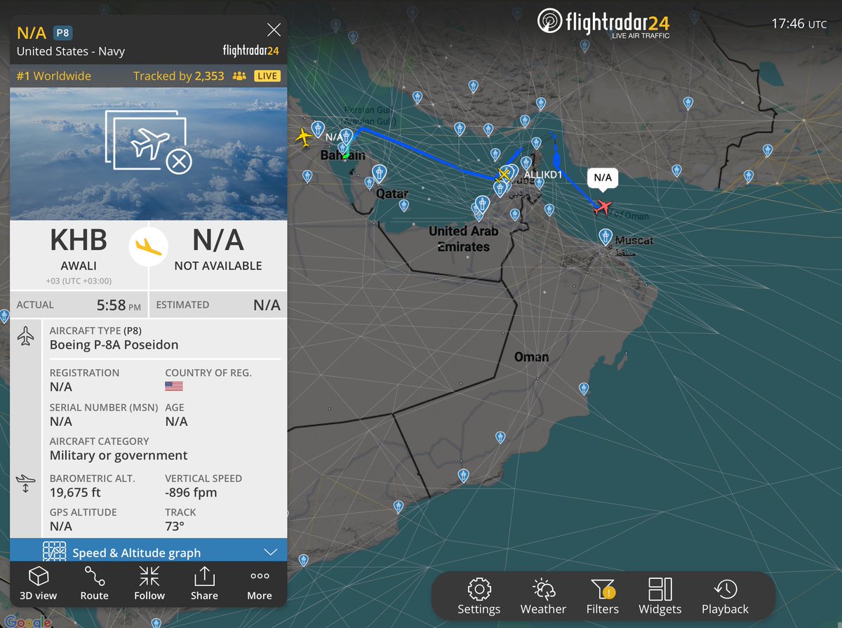 hey_itsmyturn's tweet image. #USN 🇺🇸 P-8A Poseidon (AE684B) #ISR #ASuW mission over the Persian Gulf and Strait of Hormuz. 
#Iran