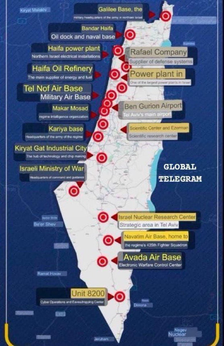 AsianObserverAO's tweet photo. Breaking 🔥

#Iran publishes a partial target map of #Israel

Within a short time, #Iranian hypersonic ballistic missiles will strike hundreds of targets across:

•10+ #Israeli military bases
•Oil refineries
•Mossad &amp; #ShinBet headquarters
•80% of Israel’s capabilities https://t.co/FNA7U5syY4