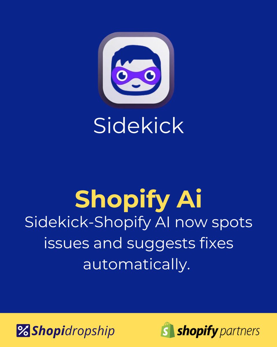 ShopiDropship's tweet photo. Sidekick, Shopify AI now spots issues and suggests fixes automatically.

🔮 What changed:
→ Sidekick analyzes store data on its own.
→ Flags risks, opportunities &amp; next-best actions.
→ Surfaces insights without manual prompts.

#Shopify #ShopifyUpdates #AICommerce #Ecommerce https://t.co/yM2uwTUxgJ