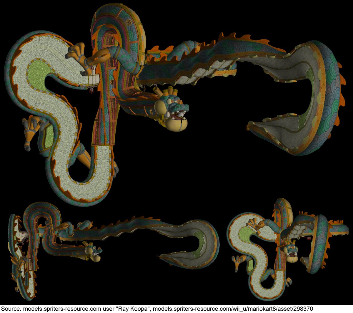 MarioBrothBlog's tweet image. In Mario Kart 8/Deluxe, the Dragon Driftway track takes place on a giant dragon based on Gobblegut from Super Mario Galaxy 2. The full dragon is never seen in-game all at once. Here is the track model with everything but the dragon removed.