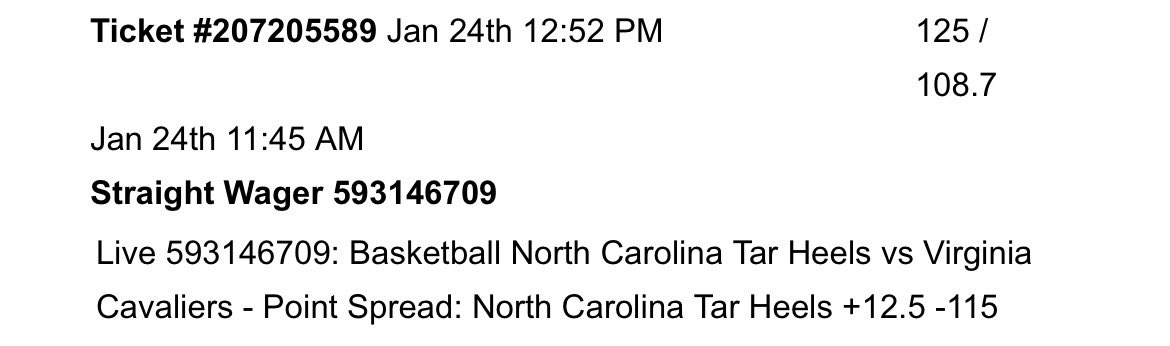 LonestarCapper's tweet photo. 1/24

CBB

LIVE PLAY: North Carolina Tarheels +12.5

1.25U —> 1.08U

Good spot on Carolina here. I don’t enjoy betting against the blue bloods and this is a tremendous spot to grab to what I believe will be a close game. https://t.co/5Mpau9WZTm