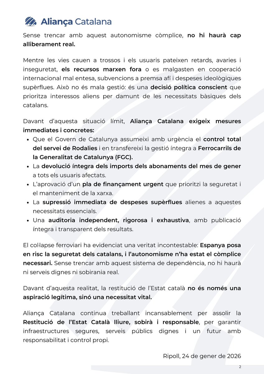 Comunicat d’Aliança Catalana sobre el col·lapse ferroviari.

💙#SalvemCatalunya