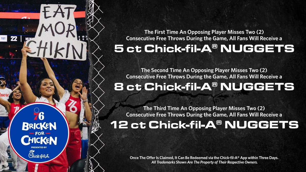 sixers's tweet photo. keep an eye out  👀

bricken for chicken will be running for the entire game today | @ChickfilA https://t.co/j7vUZ5LquC
