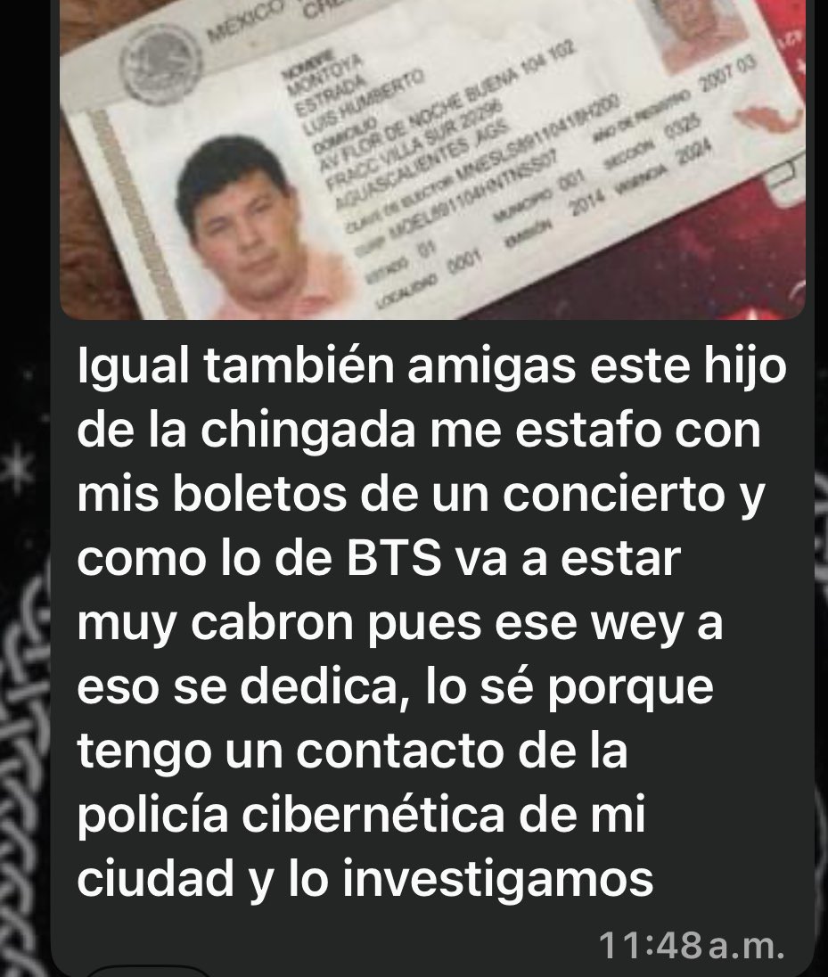 MaidenYoon1's tweet photo. Ojo con este triplehijoeputa, ya tiene carpeta de investigación 

NO A LA REVENTA EN MÉXICO 
#NoALosRevendedores
#NoALaReventa 
#ARMYNoCompraReventa https://t.co/lBYfK1jsQa