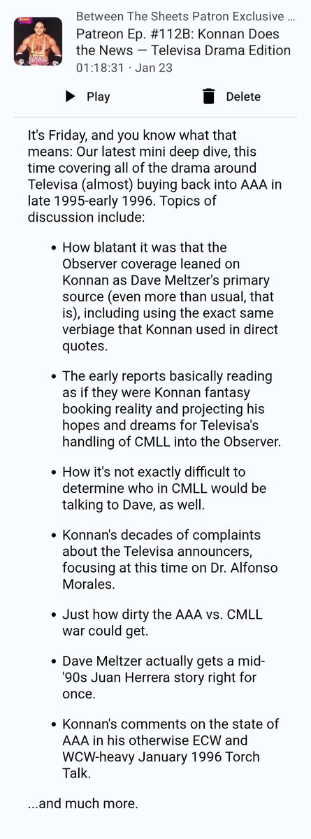 New <a href="/BTSheetsPod/">Between The Sheets</a> Patreon show looks at Televisa's late '95-early '96 flirtation w/ buying back into AAA...and how obvious it is that most of the Observer coverage is from Konnan's POV. Plus Konnan's state of AAA address!

Just $5.00/month or $50.40/year at Patreon.com/BetweenTheShee…