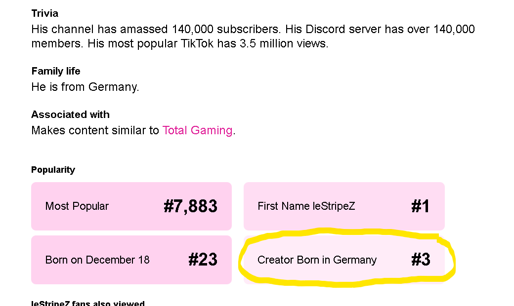 StripeLe's tweet photo. Fortnite Tutorials made me the 3rd most googled person atm in Germany ... 😭 This feels so wrong, like I cannot even take this shit serious. I just got my profile 5 days ago and apparently its right, since I have around

50M Searches from Long form Tutorials
100+M Tiktok Searches https://t.co/1Vi33Foq5Z