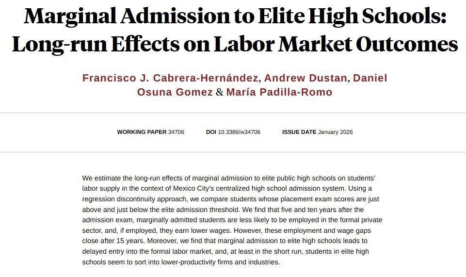 nberpubs's tweet image. Estimating the long-run effects of marginal admission to elite public high schools on students' labor supply in the context of Mexico City's centralized high school admission system, from Francisco J. Cabrera-Hernández, Andrew Dustan, @eco_osuna, and @MaraPadillaR