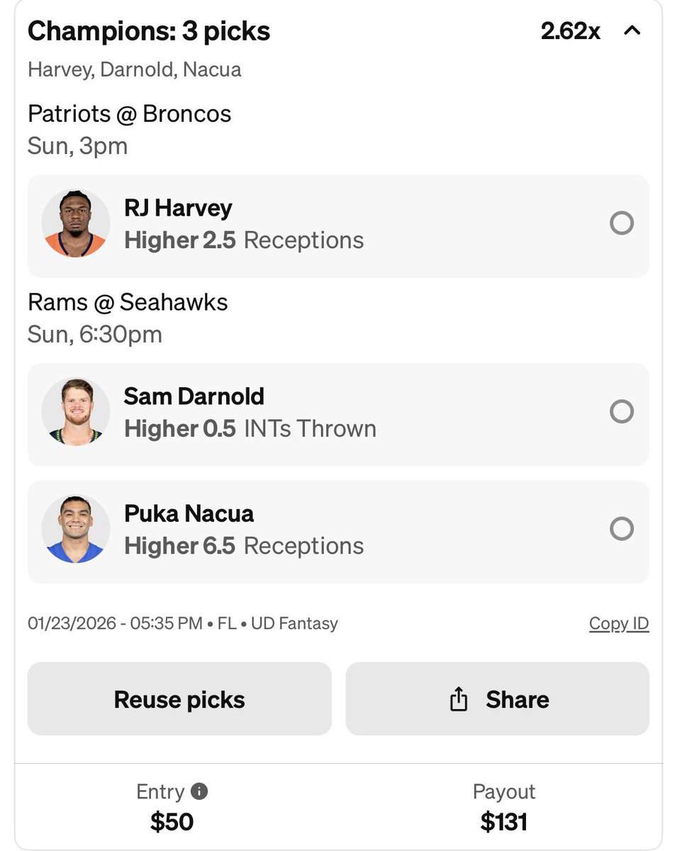 Zirksee's tweet photo. LIKE FOR LUCK
AFC Championship picks! Cashed every week of the playoffs so far, let’s do it again. New Users ONLY with code ZIRK get the Darnold free pick! Copy or fade: Use code ZIRK+get $75 in funds after your first $5 entry+up to $1000 in bonus funds! https://t.co/W8ptrlHuHh https://t.co/ieRcZNrsvt