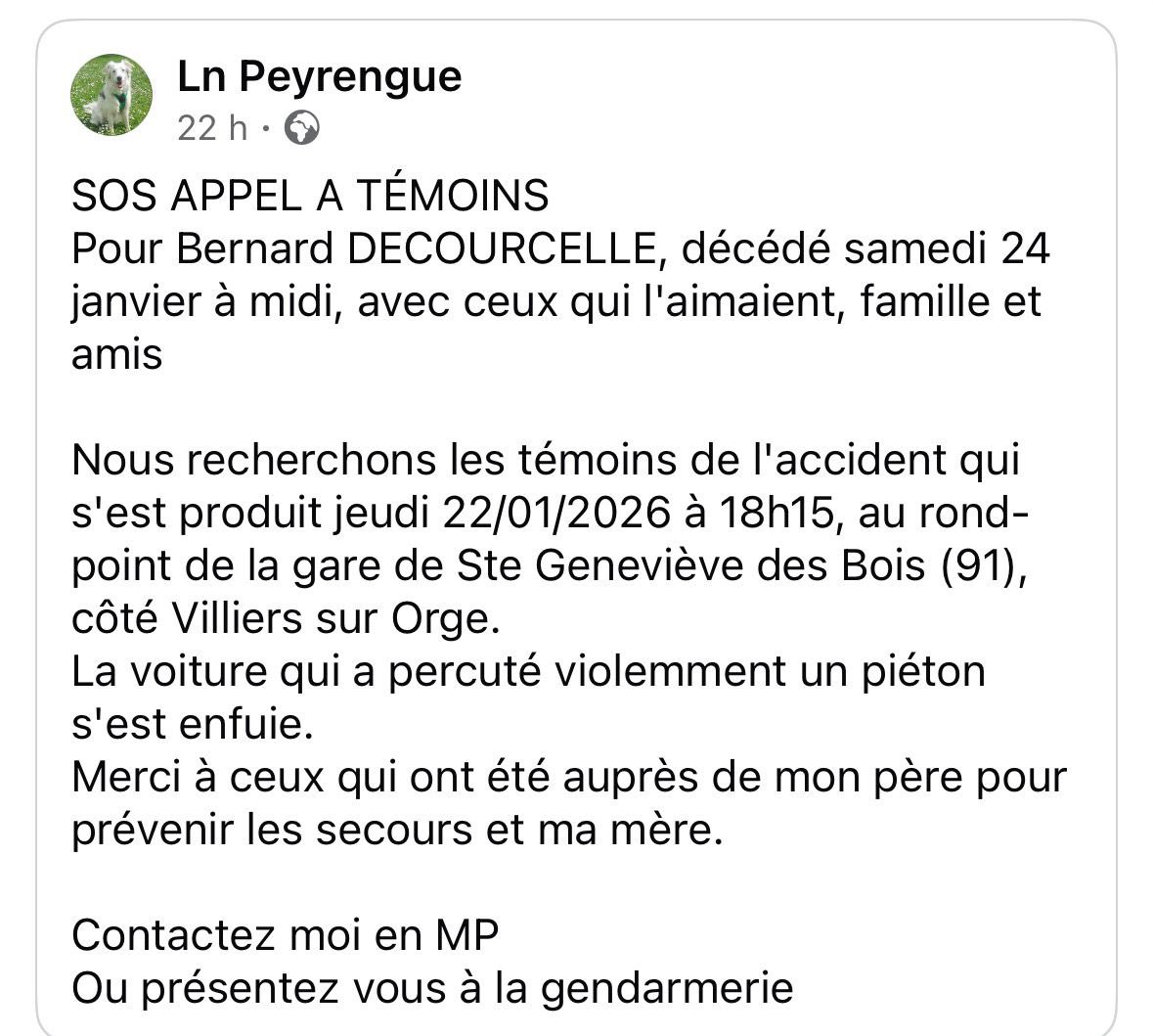 🔴 APPEL À TÉMOINS – AIDEZ-NOUS 🔴

Le jeudi 22 janvier 2026 à 18h15, au rond-point de la gare de Sainte-Geneviève-des-Bois (91), côté Villiers-sur-Orge, un homme a été fauché par une voiture.
Le conducteur a pris la fuite, laissant un homme agoniser sur la route.

Cet homme