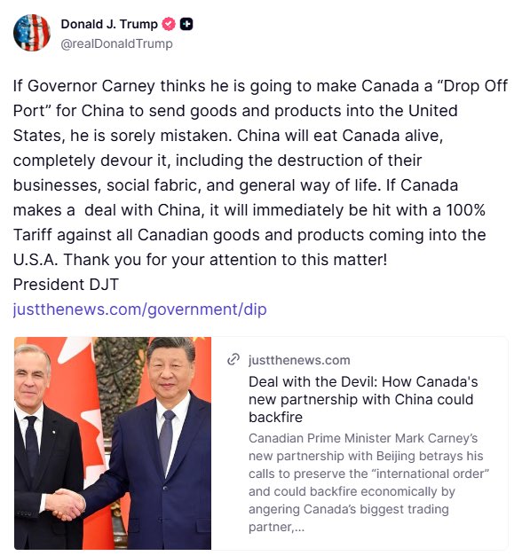 President Donald Trump has issued statements steeped in aggressive economic threats including 100% tariff on all Canadian goods if it deepens ties with China, which he demonised as a predatory force.