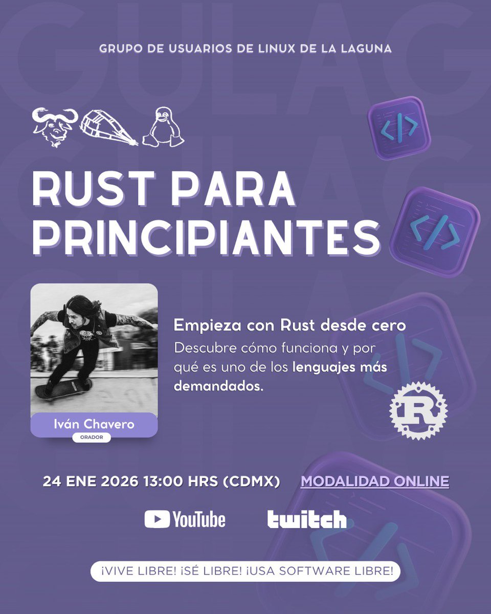 Rust para Principiantes ft. <a href="/imcsk8/">Ivan Chavero</a> 
youtube.com/watch?v=l7v4Hi…

📅 24 de enero
🕒 13:00 CDMX

Iván Chavero nos dará una introducción a #Rust, un lenguaje moderno enfocado en seguridad y rendimiento.

#FreeSoftware #SoftwareLibre
