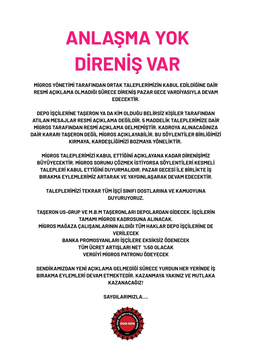 Anlaşma yok, direniş var!

MİGROS SORUNU ÇÖZMEK İSTİYORSA SÖYLENTİLERİ KESMELİ TALEPLERİ KABUL ETTİĞİNİ DUYURMALIDIR. PAZAR GECESİ İLE BİRLİKTE İŞ BIRAKMA EYLEMLERİMİZ ARTARAK VE YAYGINLAŞARAK DEVAM EDECEKTİR. #migrostasefaletehayır