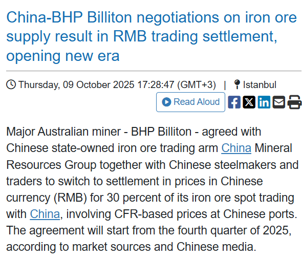 ekwufinance's tweet image. China is quietly changing the game

BHP has agreed to settle 30% of its spot iron ore sales to China in RMB rather than USD.

This matters.

- The West has evolved into a financial empire
- China has built an industrial one
- The dollar is backed by military power
- Military…