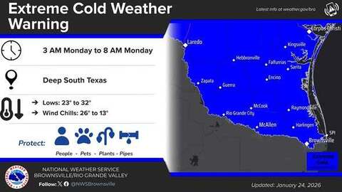 NWSBrownsville's tweet photo. Frigid weather is coming to Deep South Texas and the Rio Grande Valley! A Freeze Warning and an Extreme Cold Warning have been issued for Sunday night into Monday morning. #rgvtx #txwx https://t.co/g1PpI9q4gF