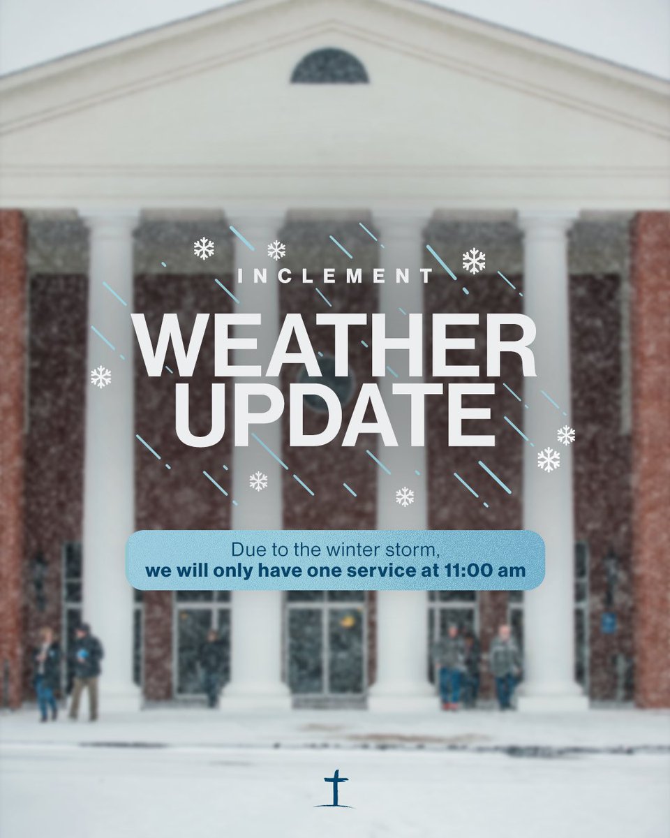 TRBC's tweet image. Due to inclement weather, we’ll have one service at 11am this Sunday, Jan 25. This will be a family service—kids, students &amp;amp; life groups will not meet. Please only attend if roads are safe. Join us on ABC/WSET, YouTube, or hopenow.tv. Be safe! ❄️