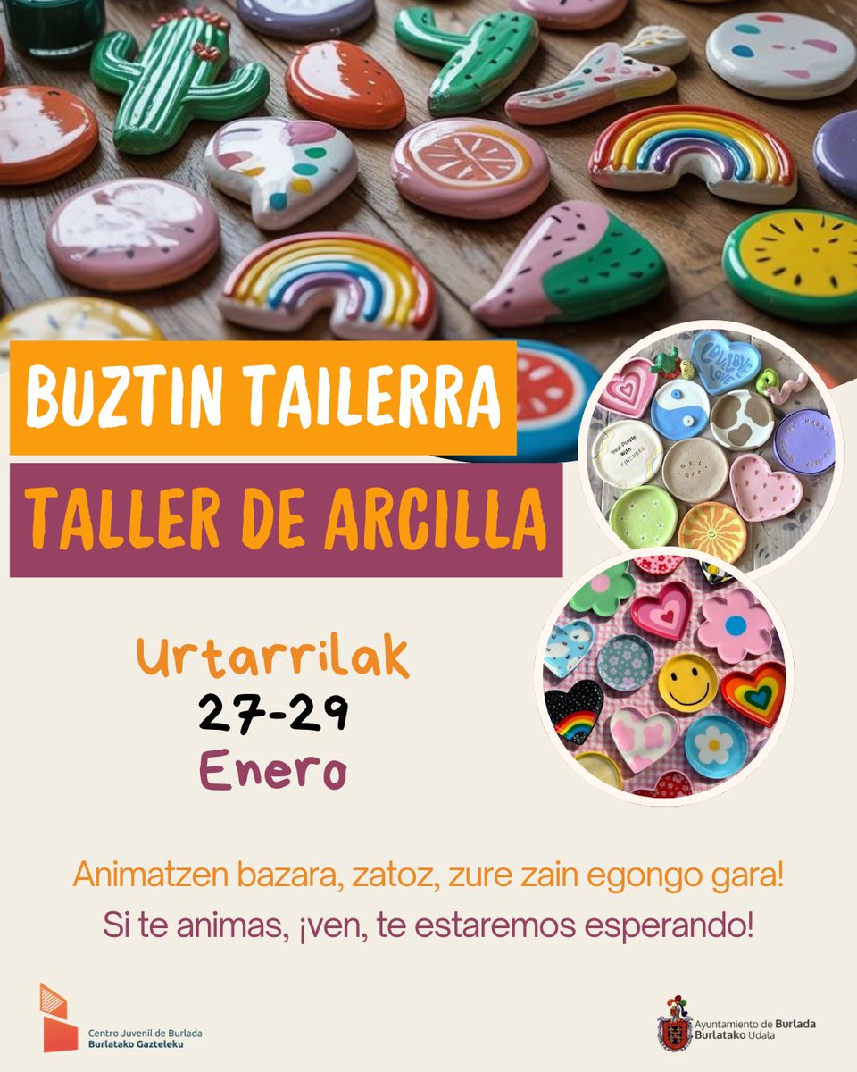 [EUS]✨ BUZTIN TAILERRA ✨

Deskonektatu eta zerbait berezia sortu nahi duzu? Zatoz gure buztin tailerrera!

⏰ 18:00

Animatu!!

[CAST] ✨ TALLER DE ARCILLA ✨

📅 Del 27 al 29 (Día 1 moldear + secado y día 2 pintar)
⏰ 18:00

¡¡Anímate!!

<a href="/AytoBurlada/">Burlada - Burlata</a>