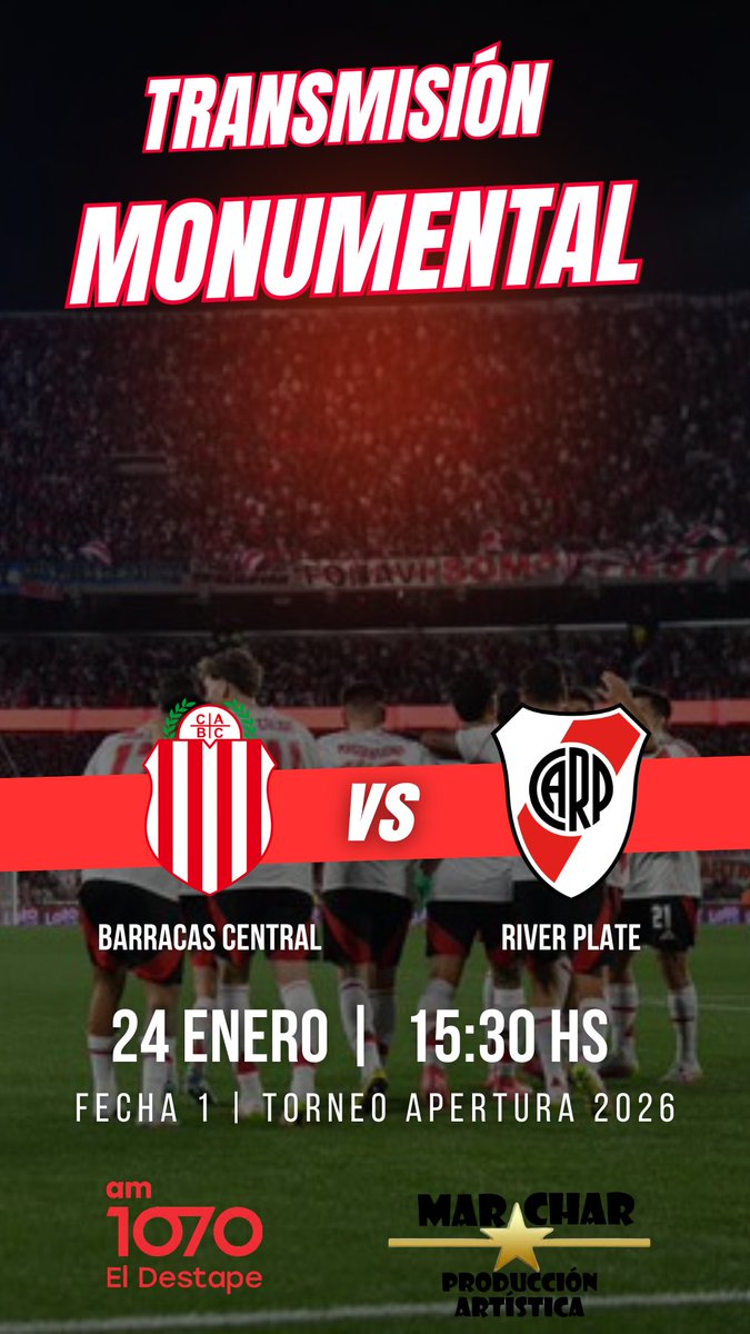 Desde las 15:30 hs. la primera transmisión de River Monumental en AM 1070 El Destape y el YouTube de Costa Febre Monumental.

Allí estaremos para cubrir a Barracas Central.