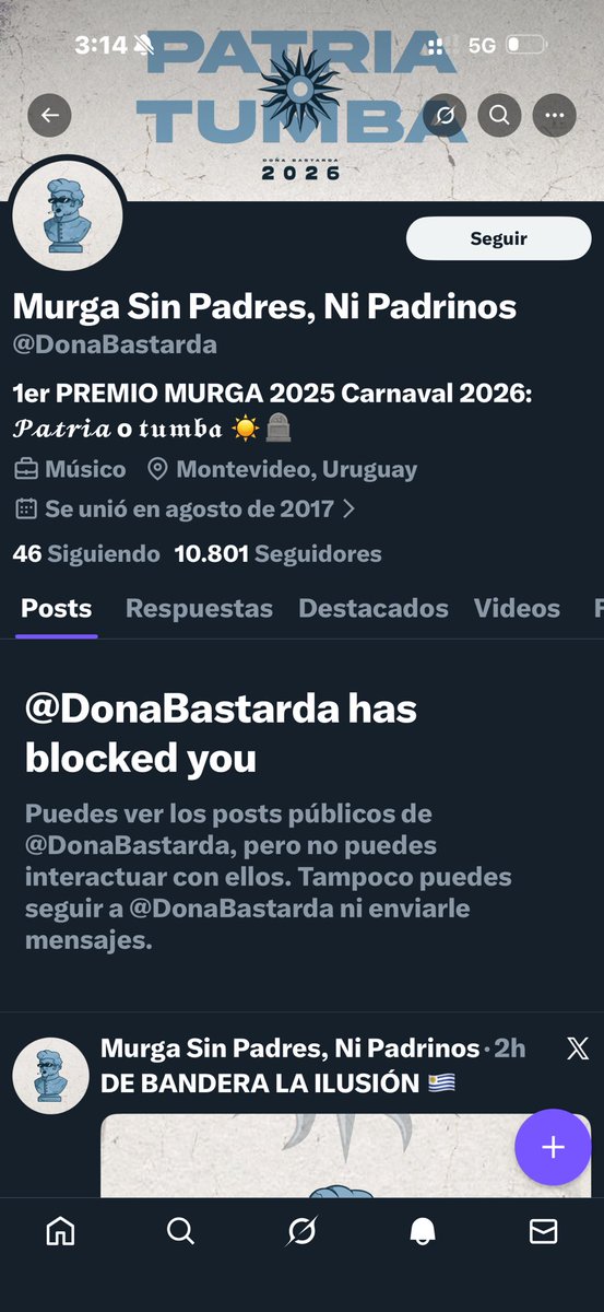 Los de <a href="/DonaBastarda/">Murga Sin Padres, Ni Padrinos</a>  no se bancan la ironía que tanto defienden y te bloquean 😂