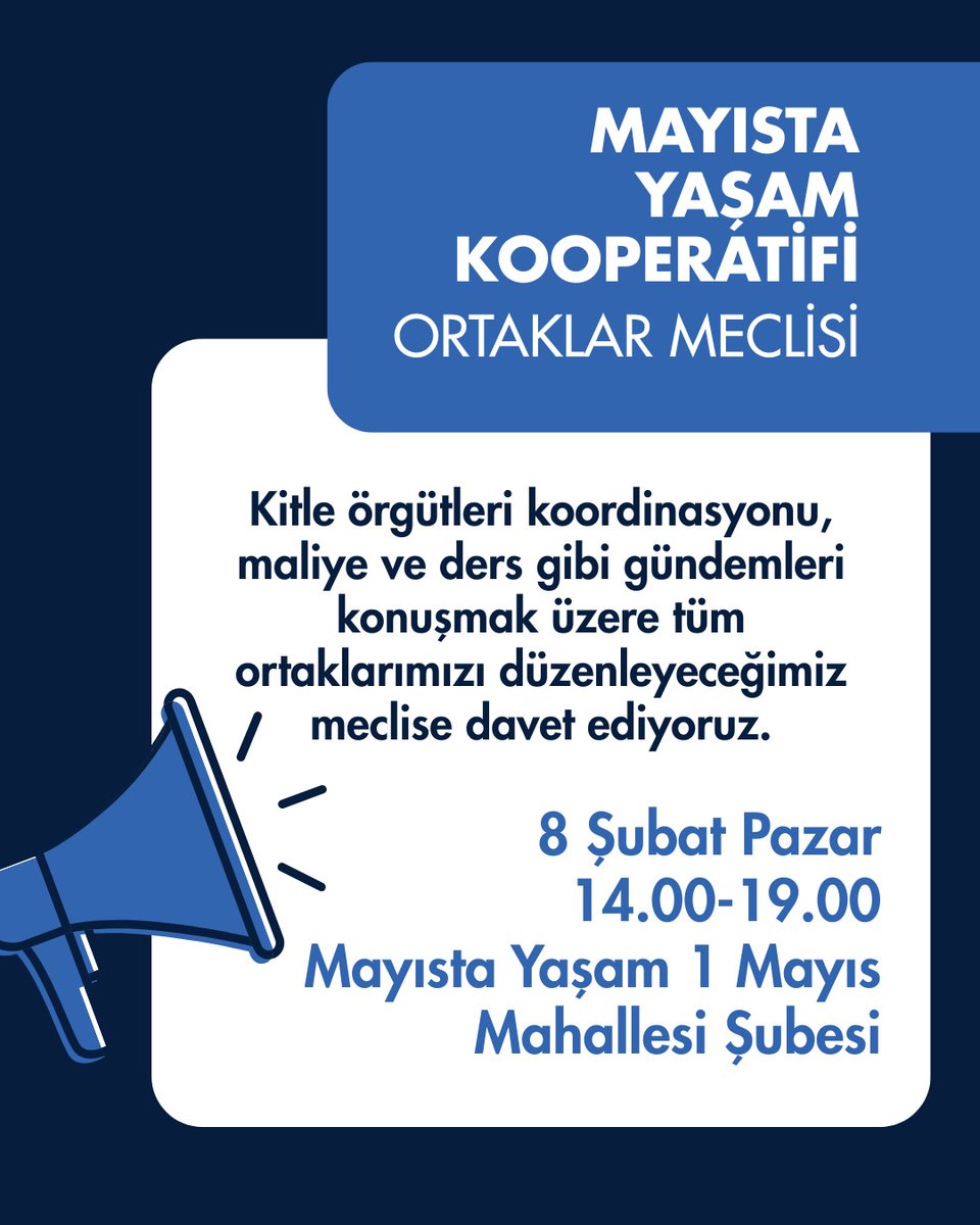 Kitle örgütleri koordinasyonu, maliye ve ders faaliyetlerimiz gibi gündemleri konuşmak üzere tüm ortaklarımızı düzenleyeceğimiz Ortaklar Meclisi'ne davet ediyoruz. 

📅 8 Şubat Pazar
⏰ 14.00-19.00
📍Mayısta Yaşam 1 Mayıs Mahallesi Şubesi (Mustafa Kemal Mah., 3099 Sk., No 4)