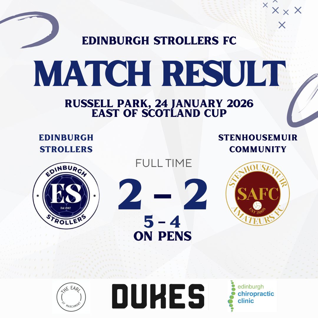 EdinStrollersFC's tweet image. FT RESULT: Edinburgh Strollers 2-2 @stenny_afc - 5-4 win on pens

An absolute battle today on a tough pitch, but the boys showed superb attitude to get us through to the Quarter Final of the @ScotAmFAEast 💙

@LeafaOfficial @scottish_aff @L1veAtTheAmmys 

🔵⚪️🔵⚪️