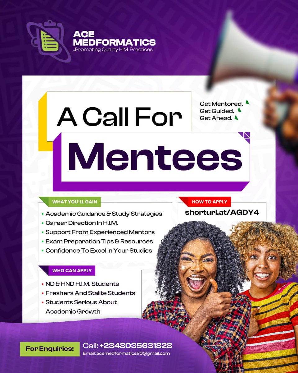 AMedformatics's tweet image. Are you a passionate individual eager to accelerate your HIM career? You can have access to our expert guided Mentorship programme.

•Boost your skills
• Expand your knowledge
• Get guided....

docs.google.com/forms/d/e/1FAI…