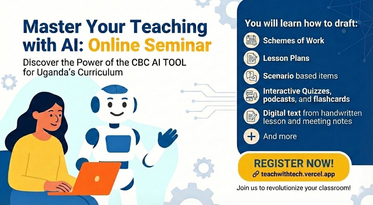 cbcaiug's tweet photo. Register and join the interaction on Saturday 7th February 2026.
You'll learn how to leverage the power of Artificial intelligence in teaching. All material will be @NCDCUg syllabus aligned
Here:
🔗 https://t.co/BKUV0q00sK
 Share with a friend who needs this https://t.co/QTec7Xf48j
