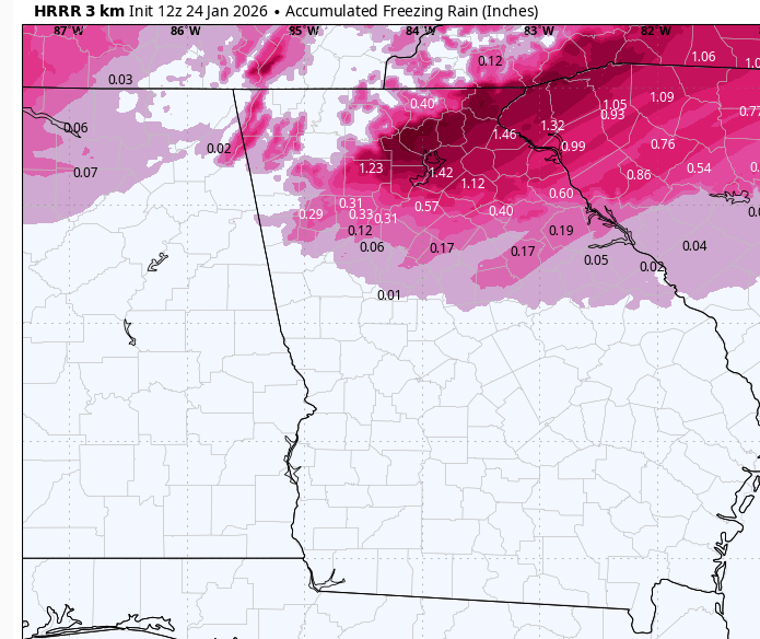 Here is the latest ice predictions from 12zHRRR (high res). This just came out. Anything above 1" means MAJOR impacts.

It's predicting Forsyth, Hall, Jackson, Banks, Dawson, Cherokee, Lumpkin, Habersham, White, and Rabun Counties to see that much ice through the day tomorrow.