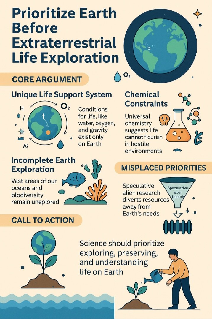 swiftrades's tweet photo. The infographic titled *“Prioritize Earth Before Extraterrestrial Life Exploration”* presents an argument that scientific resources should focus on understanding and preserving life on Earth instead of searching for extraterrestrial life. https://t.co/C7JCDmQCyV
