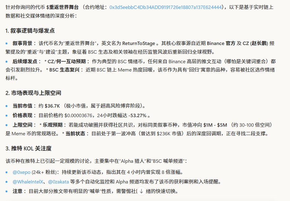 今天通过抓内幕地址盈利了一些，之后基本上p不赢，不过市场永远是对的，还是得把目光放在memes和主流的二段上。下面给大家安利一个AI网站。
minara.ai/zh/app/chat/
可以直接输入ca，查叙事和入场机会，超级好用。工欲善其事必先利其器！明日加油！

0xf74548802f4c700315f019fde17178b392ee4444