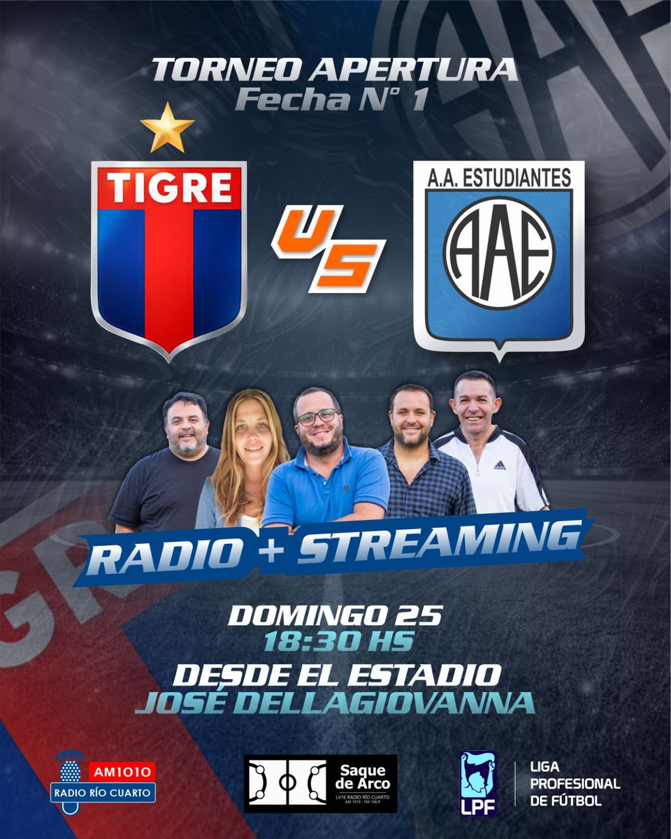 UN DEBUT PARA LA HISTORIA 👕 

Radio AM 1010 y FM 106.9 + Streaming YouTube: LV16 Multimedio   

🗓️Domingo 25
⏰18:30
🏟️José Dellagiovanna  

🎙️ Relatos: Julián Marengo 
🧠Comenta: Federico Velázquez
🎤Vestuarios: C. Olivera 
💻Central Inf: J. Oviedo y C. Cuello

#EstudiantesRC