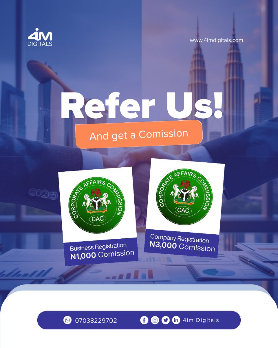 4imDigitals's tweet photo. Fun fact: You can make money without selling anything!

If you refer for business registration you earn as much as ₦1000!
If you refer company registration you earn up to ₦3000
If you refer for NGO/Church/Organization registration you earn up to ₦10,000

#4imdigitals #4im #Cac https://t.co/bT2ivCb5Ee