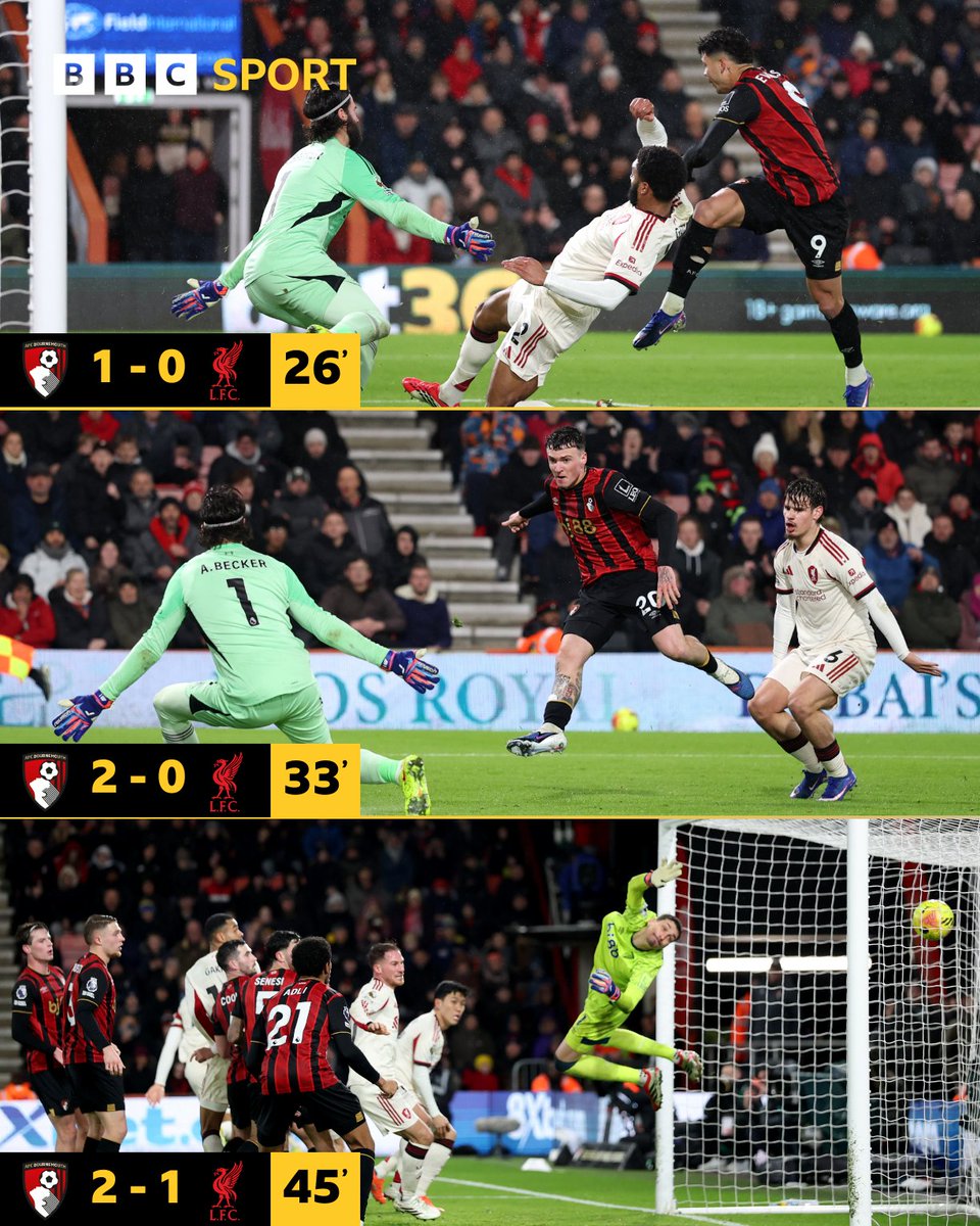 solentsport's tweet image. Goals galore in the first half at Vitality Stadium as #AFCB go into the break ahead 🍒

Evanilson and Jiménez put #AFCB two goals ahead before Van Dijk gave the visitors a lifeline 🎯

Second-half commentary from @jordanclarkcouk and Joe Partington to come on @BBCRadioSolent 🔊