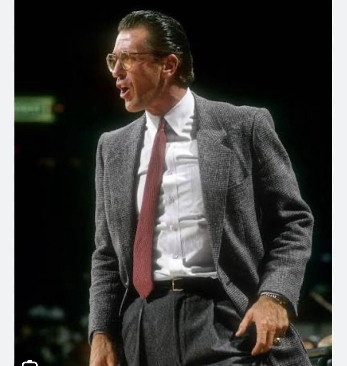 GarrettDemp's tweet photo. #JPMHealthcare was last week and everyone the talk was about US being competitive with China / pharma deals with bio foundation models, etc etc, which is all great BUT no one is talking the lack of style in the pharma/biotech world….

Take a look at Pat Riley while coaching basketball. Yelling at refs, jumping up and down, probably profusely sweating. Yet looking fly as f**ck.  

Meanwhile, pharma CEOs looking like they made a pit stop at Men’s Warehouse to buy the $20 dress shirt on sale before jumping on stage to talk about how their $300B market cap companies are developing life changing medications touching millions of lives. 

Someone help these guys.
