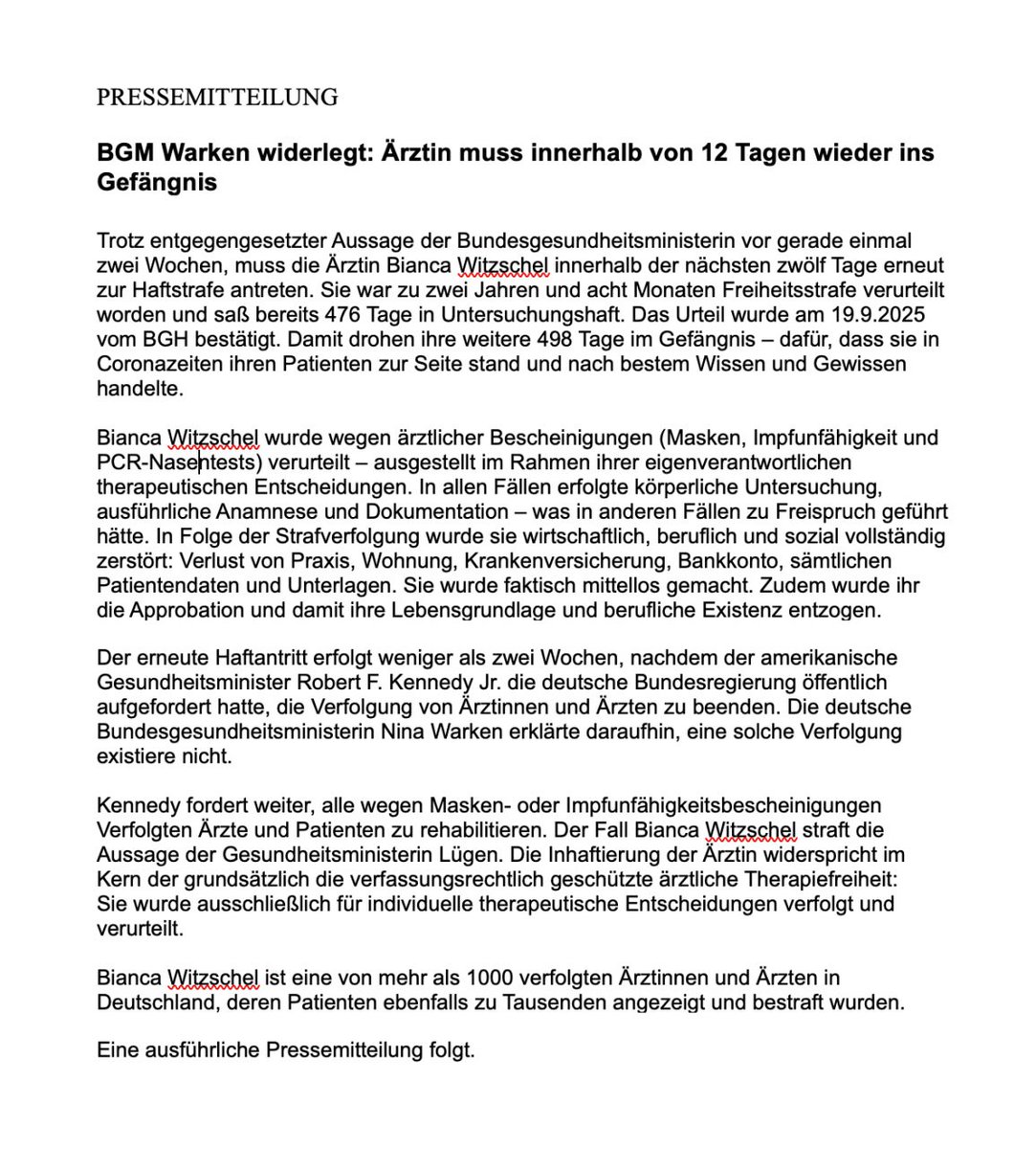 ‼️Bitte für Bianca Witzschel dringend überall verteilen, verbreiten und öffentlich machen‼️

<a href="/POTUS/">President Donald J. Trump</a> <a href="/VP/">Vice President JD Vance</a>  <a href="/SecKennedy/">Secretary Kennedy</a> 

Innerhalb 12 Tagen muss sie weitere 498 Tage ins Gefängnis - für Arbeiten nach bestem Wissen und Gewissen und den Schutz ihrer Patienten.
Und obwohl BGM Warken