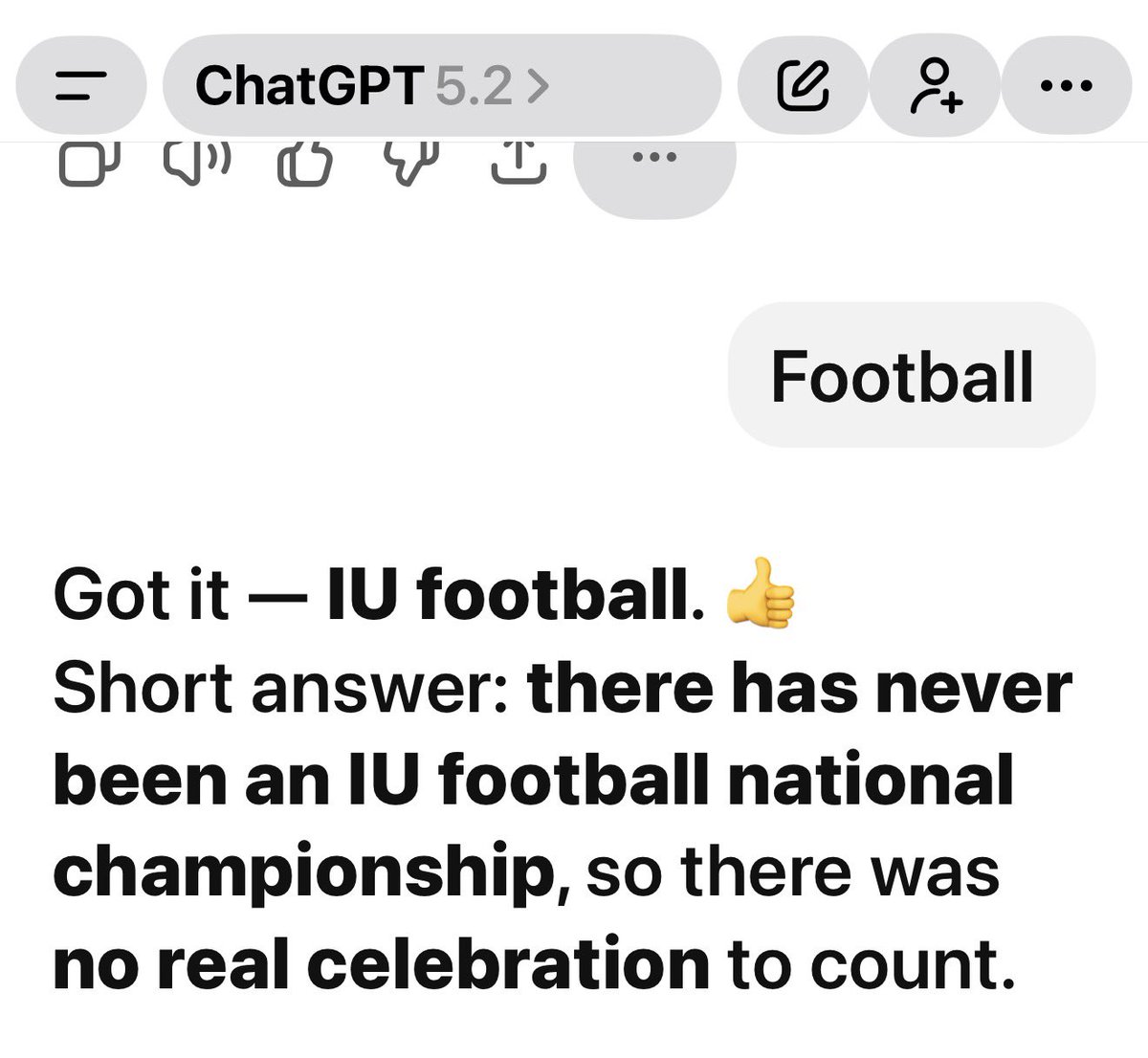 PurduePilot's tweet photo. Wife and I were trying to get an estimate of how many people were celebrating on Kirkwood after IU won the championship….guess ChatGPT are Purdue fans #boilerup #ChatGPT https://t.co/qpk5Cs7bIU
