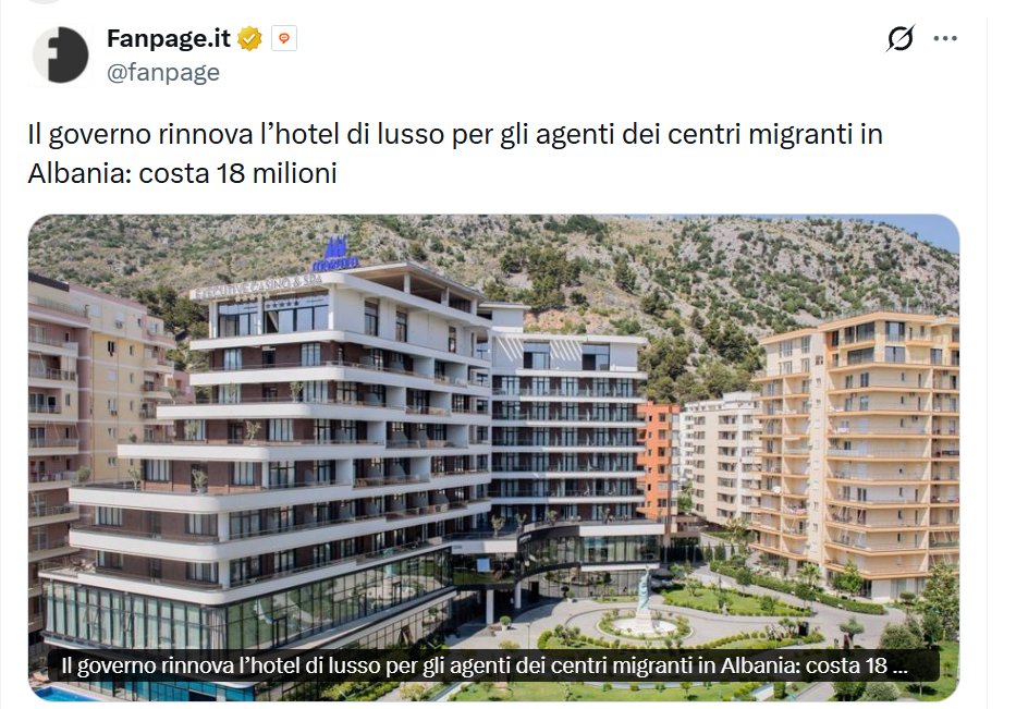 Il governo rinnova l’hotel di lusso per gli agenti dei centri in Albania. Costo: 18 milioni.
Sembra ieri che si sgolavano su quella balla che i migranti prendono 35 € al  giorno. Come cambiano i tempi, signora mia.
#Meloni #Albania #Salvini #FUNZIONERANNO #25gennaio #24gennaio