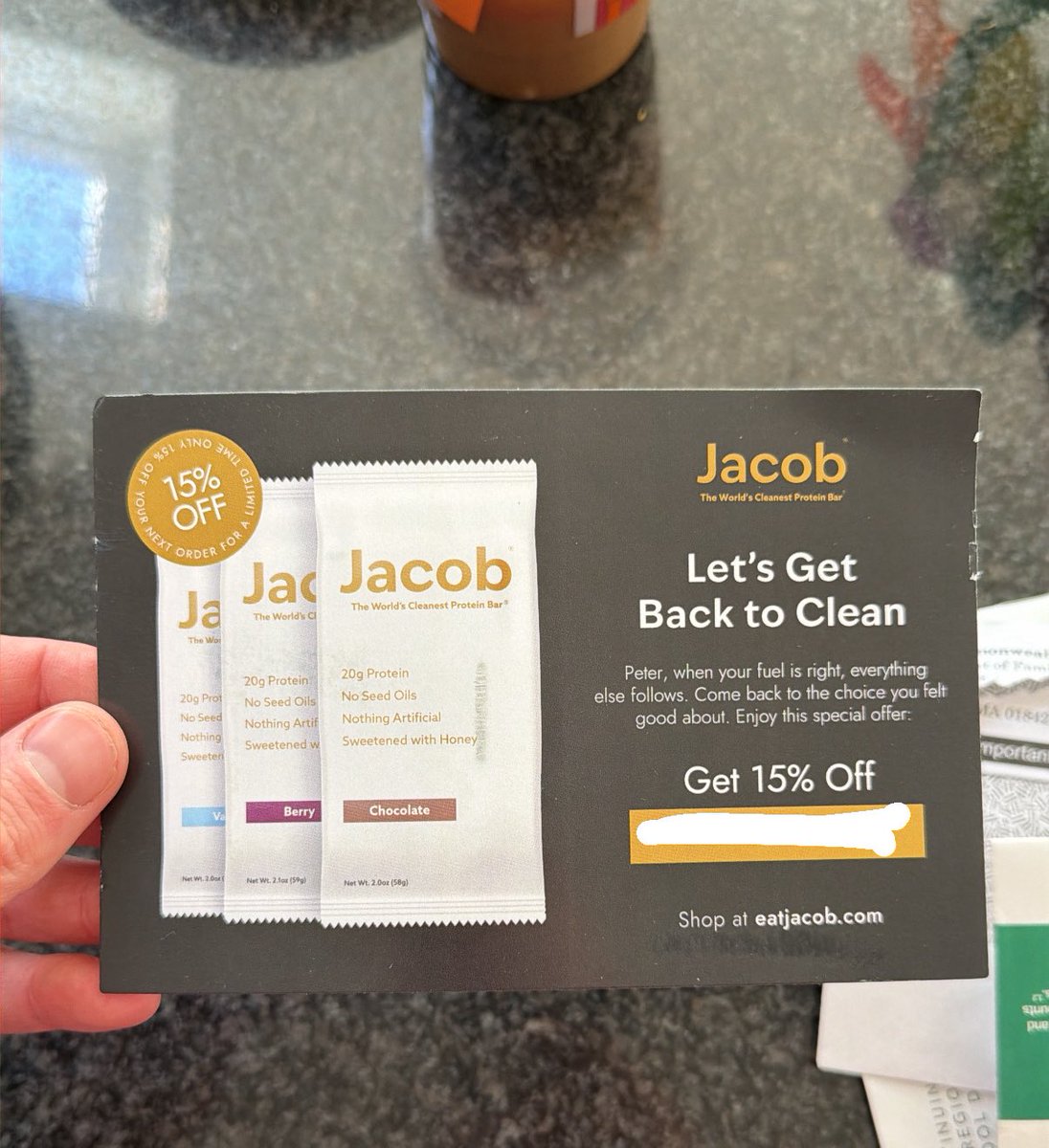 Got this ol fashion postcard to get back on the Jacob train

I’m sure I’ve got a dozen email promos from them

But in a win-back scenario, I think mailbox > inbox

Nicely done <a href="/eat_jacob/">Jacob</a>