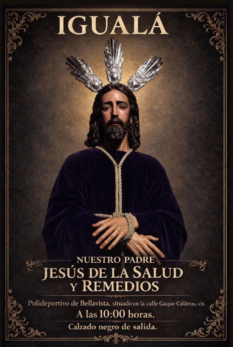 🔴 CAMBIO DE UBICACIÓN | Por motivos meteorológicos se traslada la ubicación de la igualá del paso de misterio de Nuestro Padre Jesús de la Salud y Remedios al Polideportivo de Bellavista, en la calle Gaspar Calderas, mañana a las 10:00 horas. 

#DNBellavista