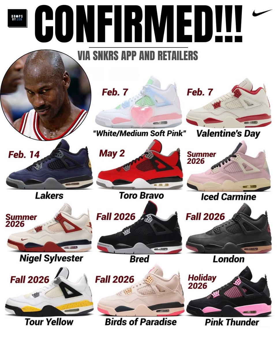 Updated list of every Air Jordan 4 releasing in 2026 🥵✍🏾

• Nigel Sylvester “Fire Red”: May 9
• OG “Bred”: November 27

Double-tap your favorite pair 👀🔥